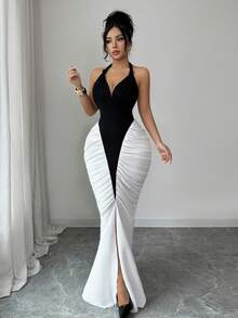 Elenzga 新款女士吊带蝴蝶结针织纹理弹力修身优雅派对褶皱开衩撞色设计连衣裙 - 黑與白 - 查看 8