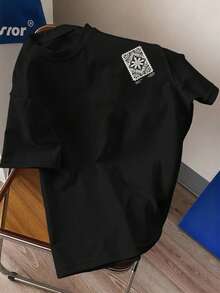 Manfinity Dauomo 休闲时尚男士落肩短袖圆领T恤，夏季 - 黑色 - 查看 2