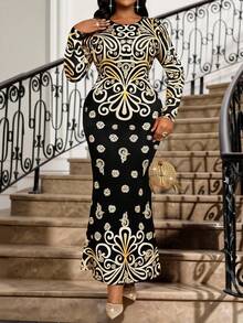 Fleurora 大码女式金属花卉印花圆领长袖鱼尾下摆修身优雅连衣裙 - 彩色 - 查看 6