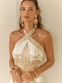 CAJUNI Women's Casual Palm Tree Print Halter Neck Dress, Vacation - Yellow - View 4