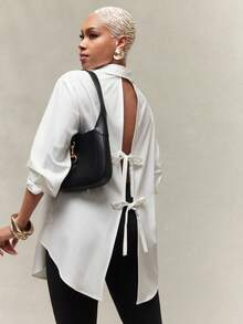 Vixey Self Tie Open Back Pointed Collar Long Sleeve Oversized Shirt - Beige - View 1