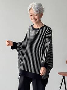 FRIFUL Women's Black Striped Loose Fit Drop Shoulder Knit Top, Casual & Versatile For Spring/Summer - Black - View 5