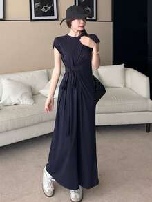 DAZY 女士短袖棉质圆领收腰中长连衣裙 - 藏蓝色 - 查看 8