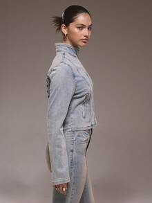 MUSERA Áo khoác denim dáng ôm cổ cao buộc dây, chỉ dành cho mùa đông, phong cách đường phố dễ thương, thích hợp đi chơi, phong cách phương Tây, màu bạc phai. - Rửa trung bình - Xem 3