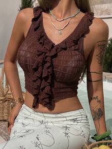 DAZY Women's Frill Trim Textured Fabric Fitted Cropped Sweater Vest - Coffee Brown - View 2