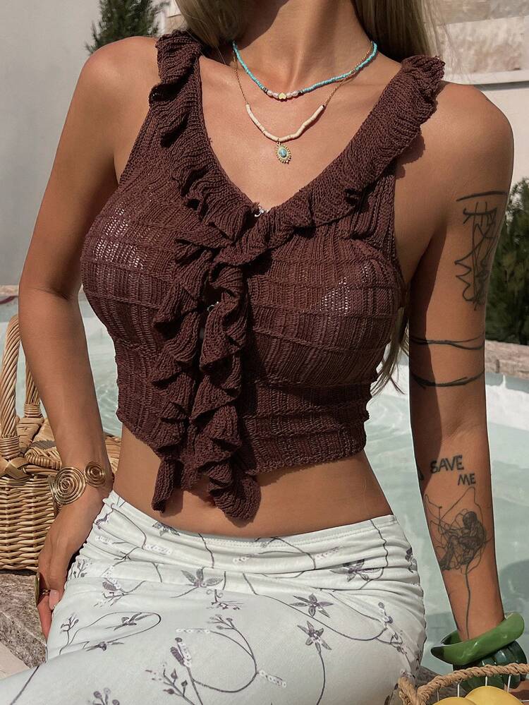 Women's Frill Trim Textured Fabric Fitted Cropped Sweater Vest