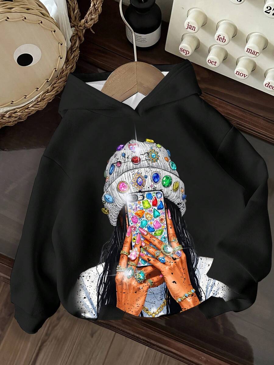 Slaydiva 女士秋装/女士冬装/Y2K风格服装/街头服饰/返校季/休闲街头风/嘻哈风/女士休闲街头人像印花卫衣/适合秋季/街头人像图案 - 黑色 - 查看 1