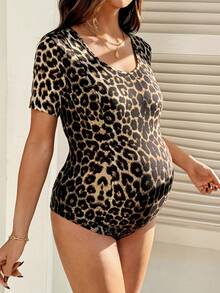 SHEIN 孕妇及哺乳期女性休闲豹纹圆领短袖连体裤，夏季 - 棕色 - 查看 4