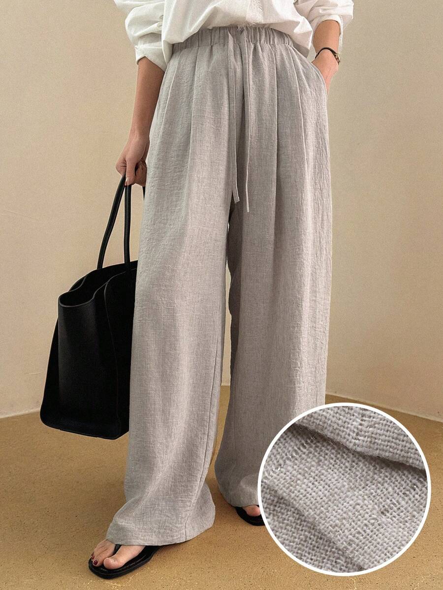 DAZY Women's Elastic Waist Drawstring Tie Loose Straight Leg Casual Pants - Apricot - View 1