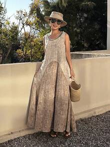 DAZY Textured Fabric Sleeveless Round Neck Mid-Length Dress For Women, Summer Holiday - Coffee Brown - View 5