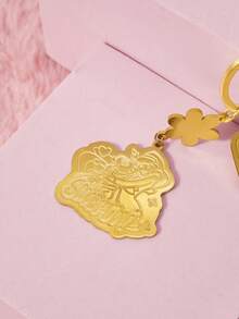 Trolls X SHEIN Gold English Alphabet Cartoon Puppy Pattern Metal Keychain - Gold - View 2