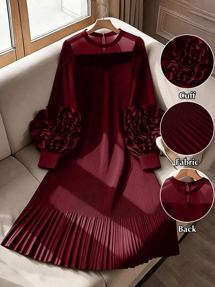 GlowEve CURVE Rochie neagră cu mânecă lungă, plisată, cu imprimeu floral 3D, mărime plus, rochie roșie de vin, rochie vișinie, rochie vișinie, rochie cu mânecă lungă pentru femei, rochie plisată - Burgundia - Vizualizare 1