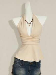 SHEIN ICON Áo tank top babydoll đen hở lưng cổ yếm dành cho nữ dịp Halloween - Màu be - Xem 3