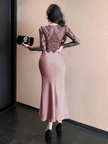 DAZY Đầm dài ôm dáng bằng satin phối ren thanh lịch dành cho nữ. - Hồng - Xem 4