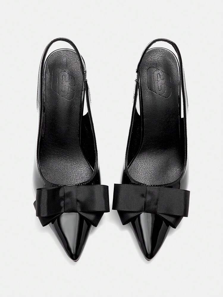 CUCCOO CURVES Women Shoes Wide Fit Fashion Pointed Stiletto Black Bow Back Strap Simple Classic Daily Comfort Fattened High Heel Women's Shoes Plus Size Valentine's Day