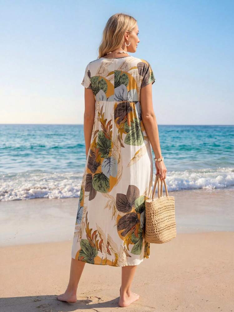 Tropical Print V Neck Dress
