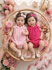 SHEIN Playful Pals 2pcs/Set Baby Girls' Casual Elegant Cute 3D Floral Embroidered Strap Romper, Spring/Summer - Pink - View 1