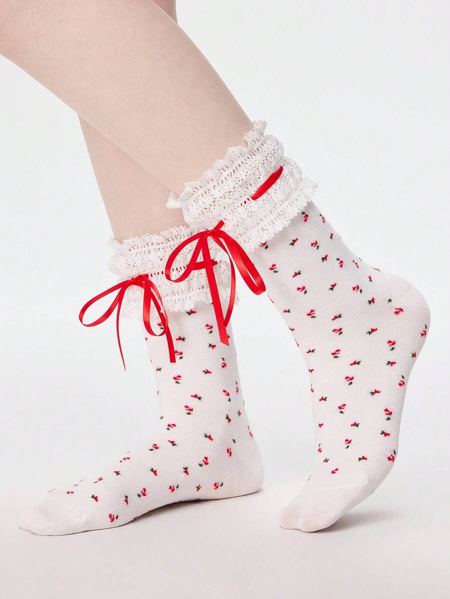 ROMWE Kawaii 1双甜美花卉蕾丝大蕾丝手工筒袜 - 白色2 - 查看 1