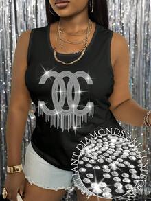 Maweii Plus Size Slogan Rhinestone Short Sleeve Hot Diamond Tees Women Tank Tops - Black - View 1