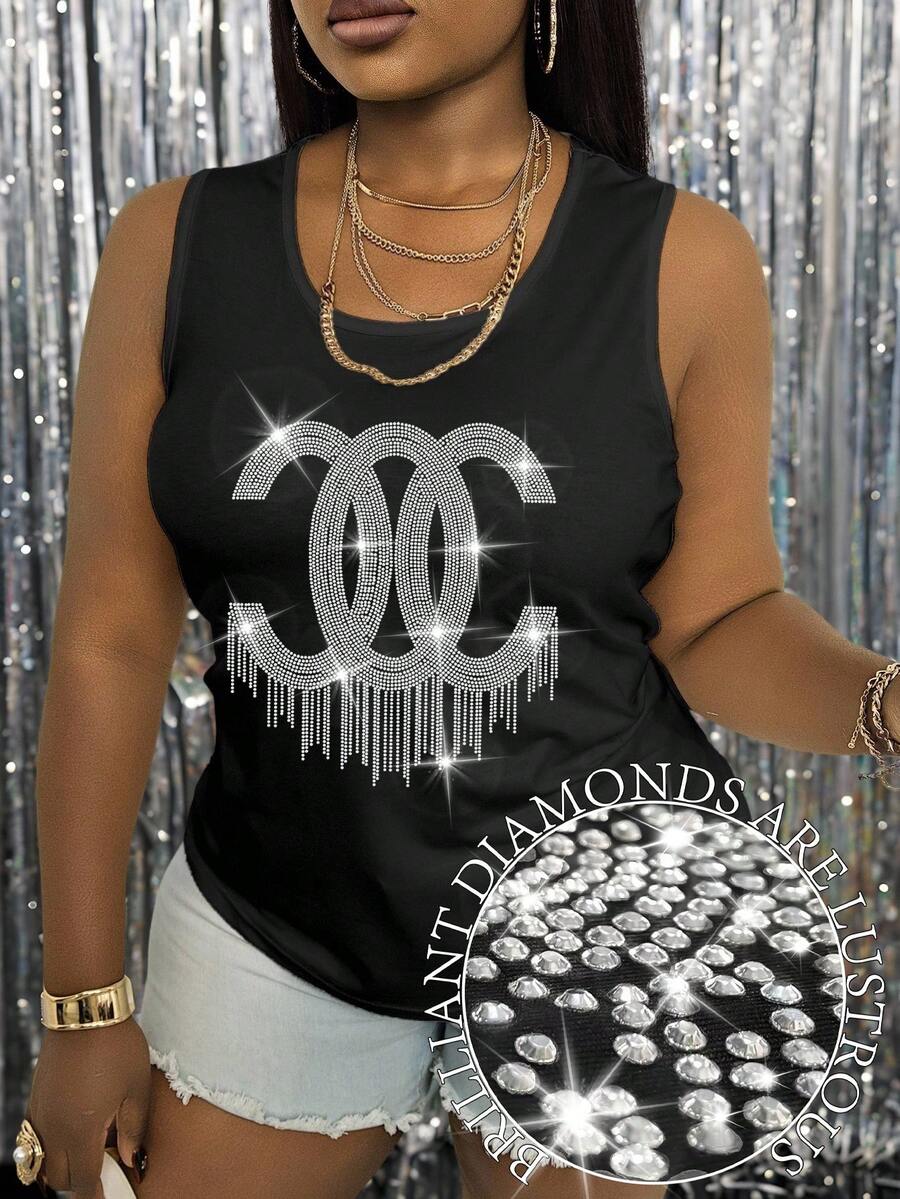 Maweii Plus Size Slogan Rhinestone Short Sleeve Hot Diamond Tees Women Tank Tops - Black - View 1