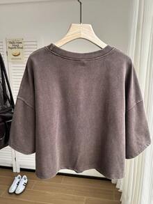 Comfortcana 加大码短袖纯棉T恤，水洗雪花图案，春季款 - 棕色 - 查看 2