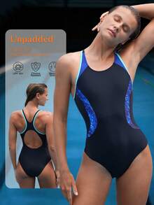 Swim Nautrix Maillot de bain une pièce pour femmes avec imprimé patchwork, garniture contrastée et dos nu. Idéal pour la plage, le surf, la natation, la protection solaire et la compétition. - Multicolore - Voir 8