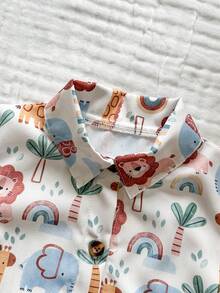 SHEIN Vintaside Kids 2件套男婴夏季新款可爱动物印花POLO领短袖开衫衬衫和直筒黄色短裤套装，带口袋，休闲时尚 - 彩色 - 查看 6
