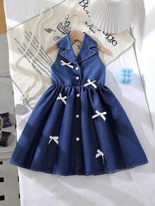 SHEIN Elladie kids 花园女孩夏季新款时尚Polo领露背吊带束腰甜美百搭度假水洗牛仔连衣裙，少女正式连衣裙 - 深色水洗藍 - 查看 4