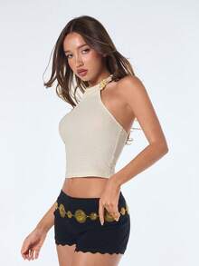 SHEIN ICON Women's Sexy Concert Club Going Out Coachella Vacation Casual Beaded Decor Backless Halter Top, Spring To Summer - Apricot - View 4