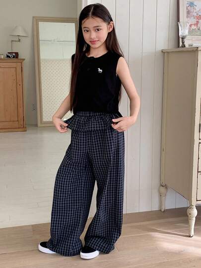 DAZY 少女纯色格子拼接无袖T恤和裤子套装