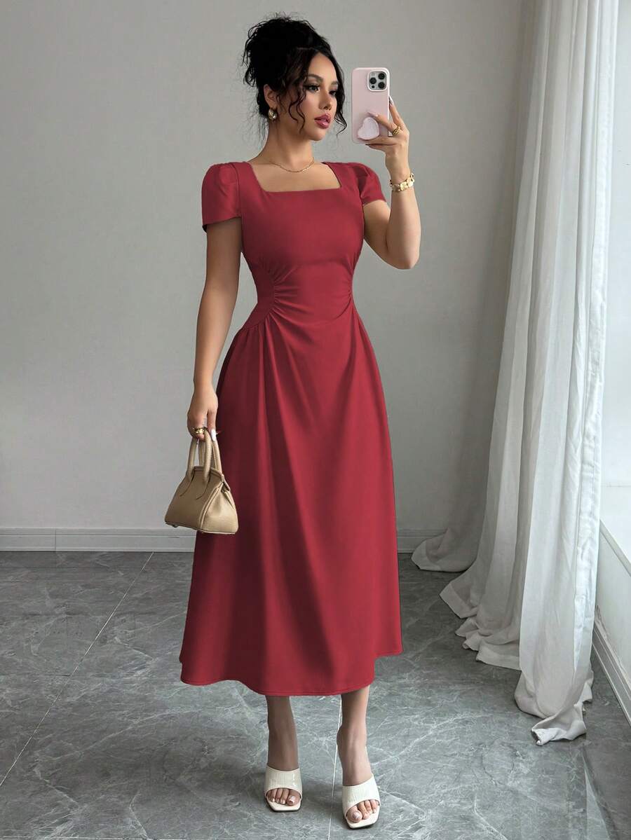 Elenzga Đầm midi nữ thanh lịch màu trơn cổ vuông, thắt eo, tay phồng, thích hợp cho kỳ nghỉ, tiệc trà chiều, mùa xuân/hè. - Đỏ - Xem 1
