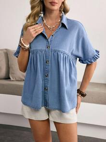 Breezaya Camisa vaquera casual de mujer de manga corta con un solo pecho y pliegues - Azul - Ver 3