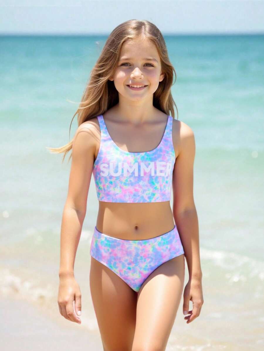 SHEIN 2件套少女彩色波浪纹弹力速干舒适针织面料沙滩装套装，适合海滩、泳池、海边、冲浪、度假、夏季、旅行 - 紫色 - 查看 1