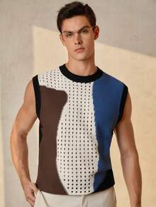 RONVEXI Áo vest nam dệt kim cổ tròn khoét rỗng phối màu tương phản, kiểu dáng thường ngày, thích hợp cho mùa Thu/Đông. - Nhiều màu - Xem 5