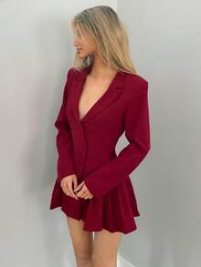 Sydney Algeri 1pc Women Solid White Sexy Deep V Neck Lapel Button Front Long Sleeve Elegant Pleated Dress,Business Casual Woman,Elegant Dresses For Party - Burgundy - View 5