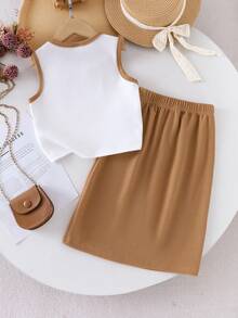 2pcs/Set Young Girls Ivory Ribbed Knit Tank Top And Khaki Skirt, Children Casual Minimalist Daily Outfit, Summer - White - View 2