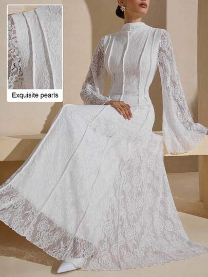 Graceveil Damen Weißes Spitzenkleid mit hohem Kragen, elegantes hochwertiges Abendkleid