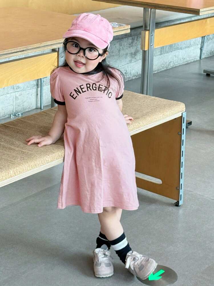 Baby Girls' Round Neck Contrast Color Korean Style English Letter Casual Straight Dress Summer Toddler Girls Clothes