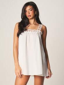 MISSGUIDED Lace Trim Babydoll Nightdress Sleepwear Empire Waist Mini Sleep Dress Square Neckline Sleeveless Lingerie Nightgown Bedroom Loungewear - White - View 1