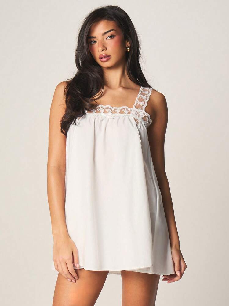 MISSGUIDED Lace Trim Babydoll Nightdress Sleepwear Empire Waist Mini Sleep Dress Square Neckline Sleeveless Lingerie Nightgown Bedroom Loungewear