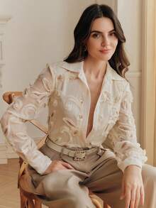 Anewsta Spring High-End Chic Blouse Design With Beaded Floral Sequin Chiffon Long Sleeve Stand Collar Women Shirt - Apricot - View 1