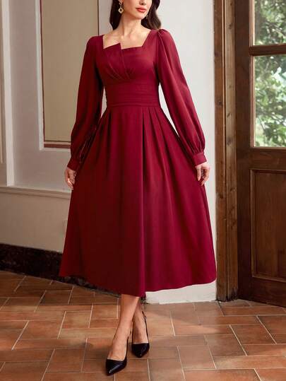 Vintamour Vintage Classic Elegant Women's Fitted Patchwork Dress, Autumn/Winter, Wine Red Flared Hem Long Sleeve Dress