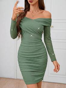 SHEIN Clasi Women's Elegant Sexy Off-Shoulder Ruched Curve Glittery Party Dress - Dark Green - View 6