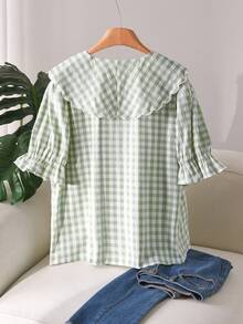 CosyJoli 大码夏季休闲格子系带衬衫 - 綠色 - 查看 2