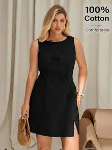 Auralis 2025新款大码女装连衣裙：波西米亚风办公室女神迷你连衣裙 - 亚麻棉混纺米色无袖连衣裙，饰有蝴蝶结，A字版型，适合夏季工作日到周末的各种场合，度假装扮，女士夏季服装，女士夏季连衣裙，波西米亚风女装 - 黑色 - 查看 4