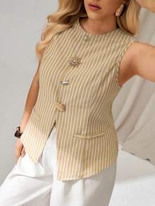 Auralis Plus Size Summer Casual Commuter Striped Front Button Tank Top - Yellow - View 3