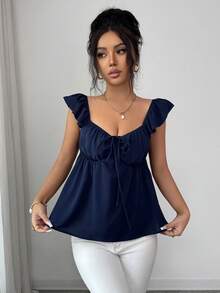 Rafferiza Women's Elegant Fashionable Sleeveless Top With Flare Sleeves, Chest Cup, Drawstring, Ruched, Bow Design, Suitable For Spring/Summer Vacation - Navy Blue - View 4