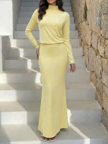 Firerie Bộ trang phục thường ngày thanh lịch dành cho nữ, gồm áo dệt kim dài tay cổ đứng ôm sát màu vàng nhạt và chân váy ôm sát dáng đuôi cá, phù hợp cho các dịp thường nhật, công sở, hẹn hò, tiệc trà chiều, mùa xuân, trang phục giáo viên. - Màu vàng - Xem 7