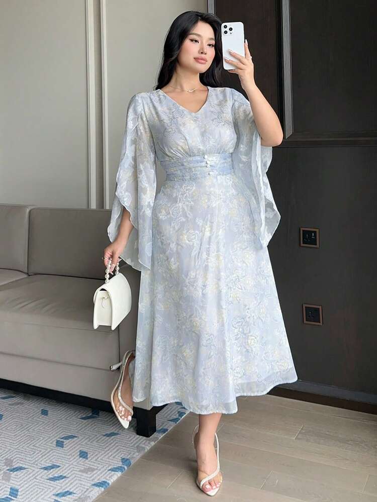 Dazy Plus Floral Print V-Neck Chiffon Ruffle Sleeve Maxi Dress With Waist Tie, Elegant Plus Size Women Spring/Summer Sundress