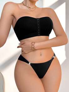 2pcs/Set Front Closure Strapless Romantic Lingerie Set - Black - View 3